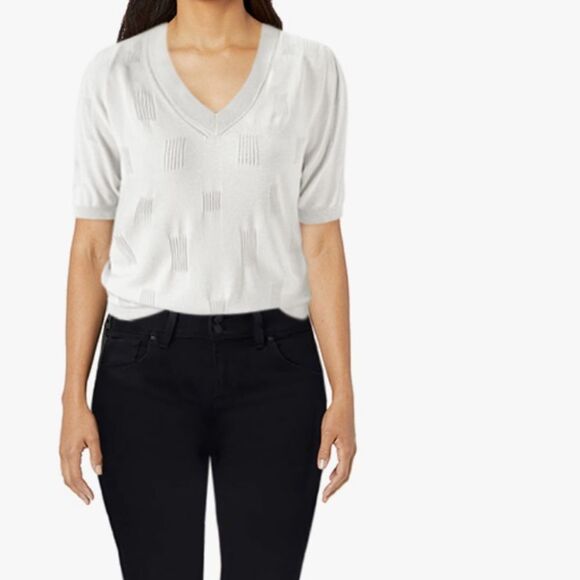 White V-Neck Short Sleeve Sweater Knit Top Med - Picture 8 of 10